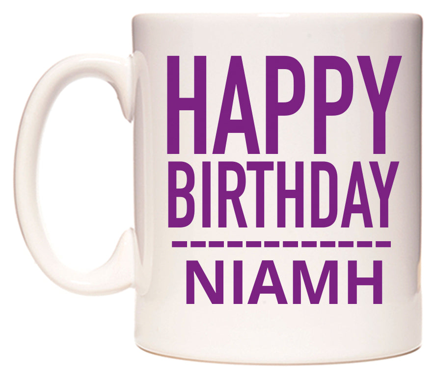 This mug features Happy Birthday Niamh (Plain Purple)