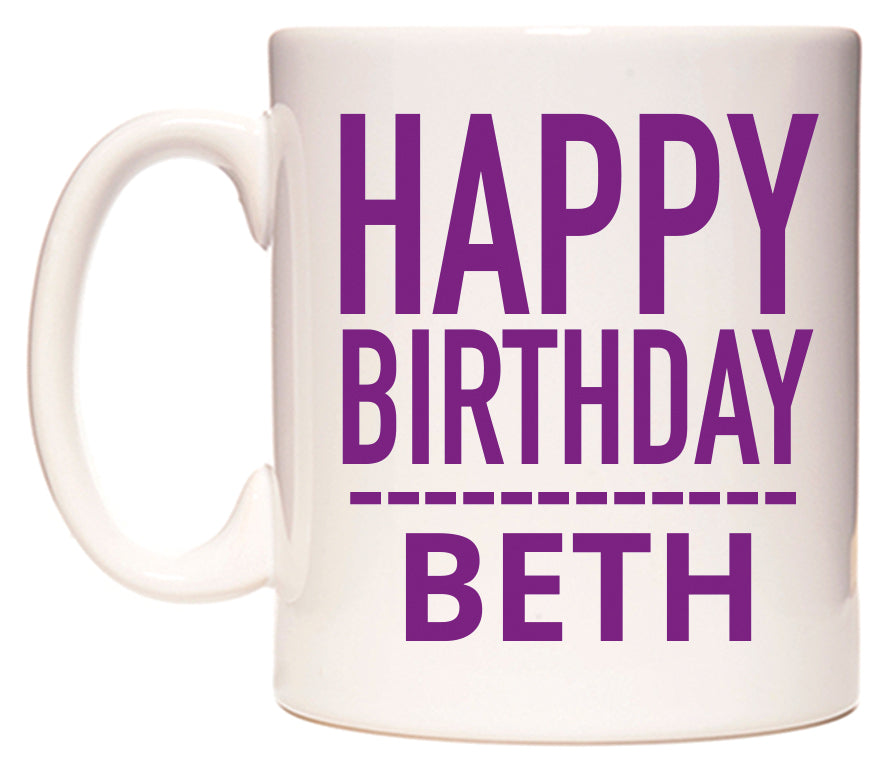 This mug features Happy Birthday Beth (Plain Purple)