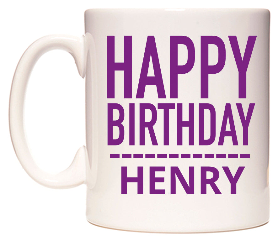 This mug features Happy Birthday Henry (Plain Purple)