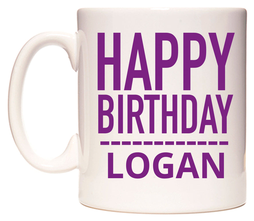 This mug features Happy Birthday Logan (Plain Purple)