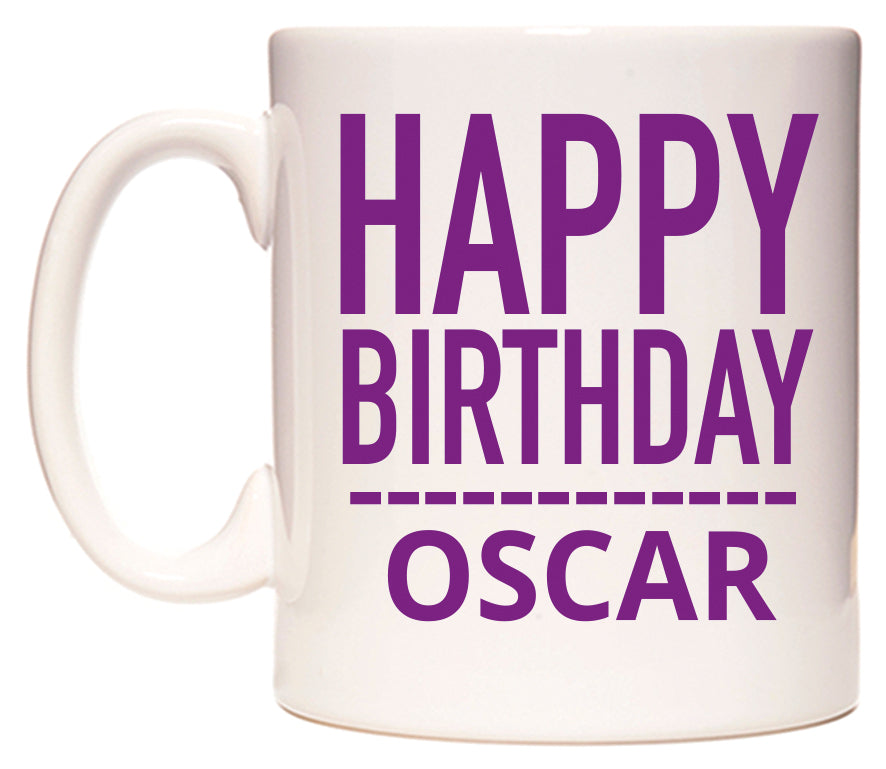 This mug features Happy Birthday Oscar (Plain Purple)