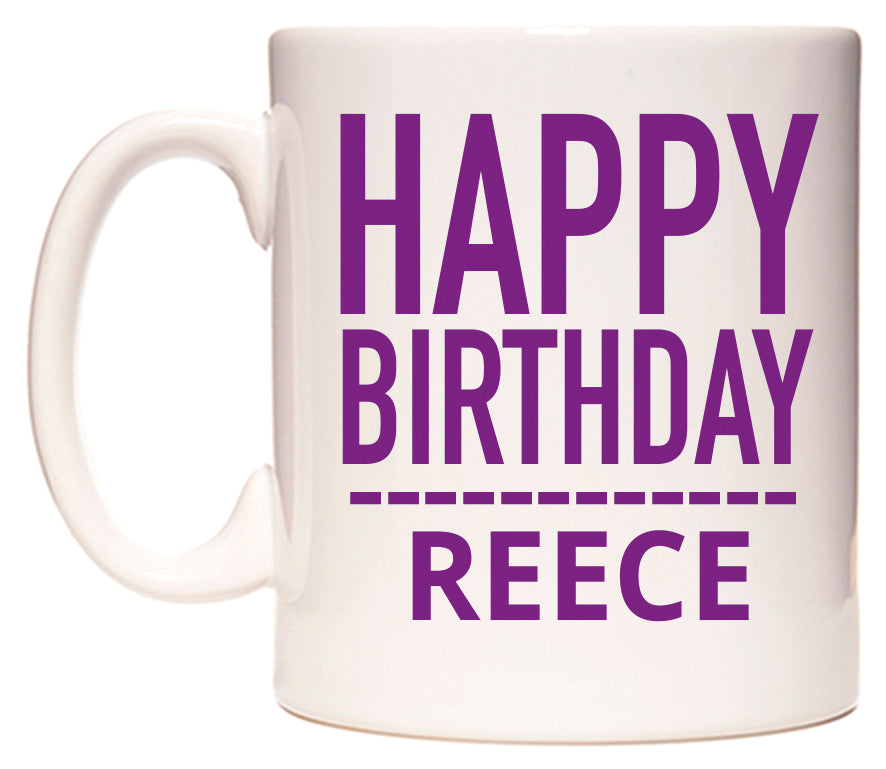 This mug features Happy Birthday Reece (Plain Purple)