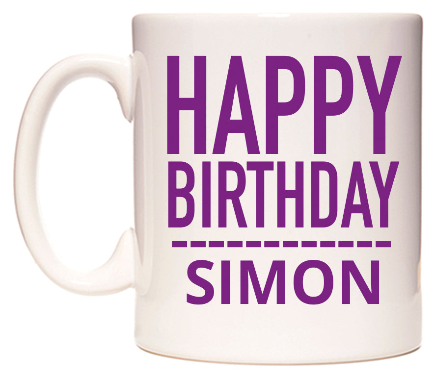 This mug features Happy Birthday Simon (Plain Purple)