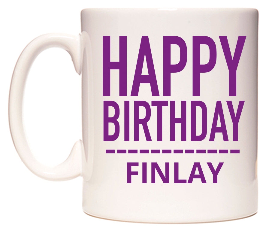 This mug features Happy Birthday Finlay (Plain Purple)