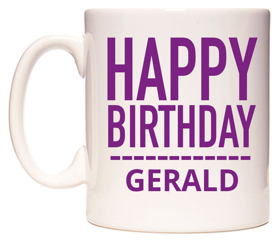 This mug features Happy Birthday Gerald (Plain Purple)