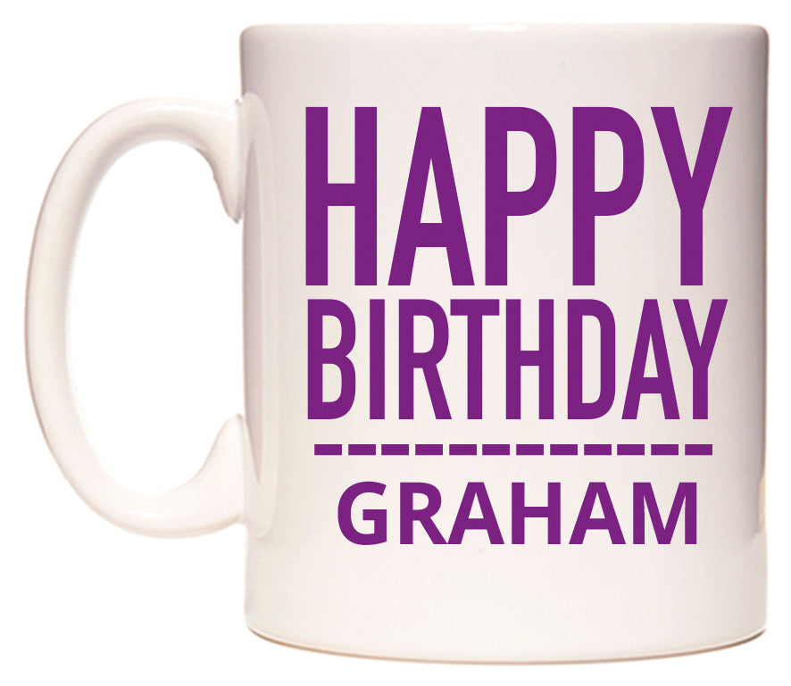 This mug features Happy Birthday Graham (Plain Purple)