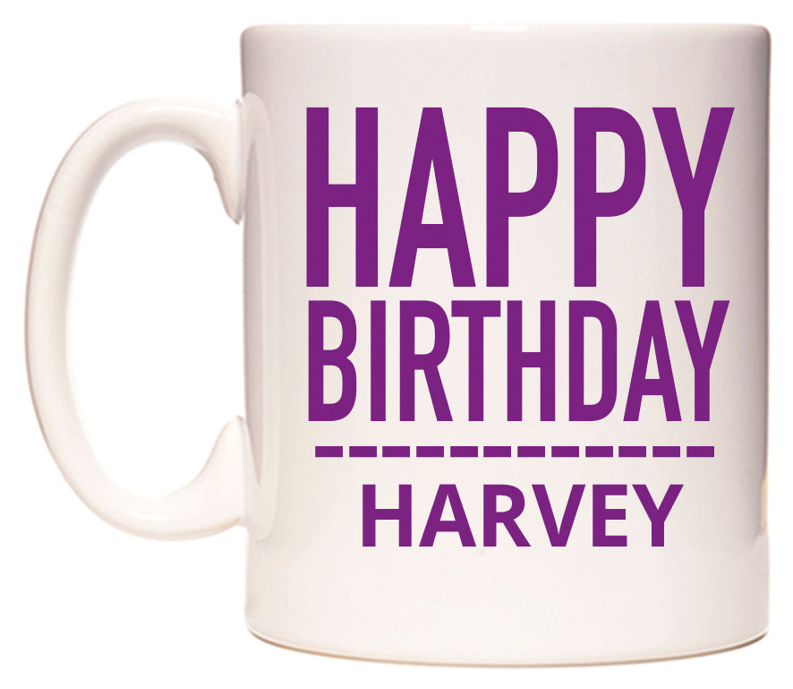This mug features Happy Birthday Harvey (Plain Purple)