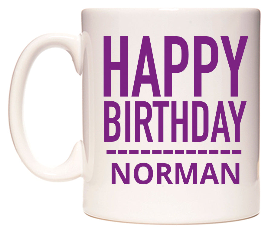 This mug features Happy Birthday Norman (Plain Purple)