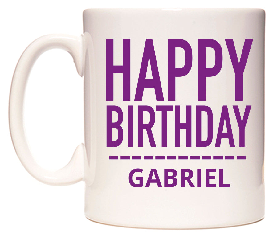 This mug features Happy Birthday Gabriel (Plain Purple)