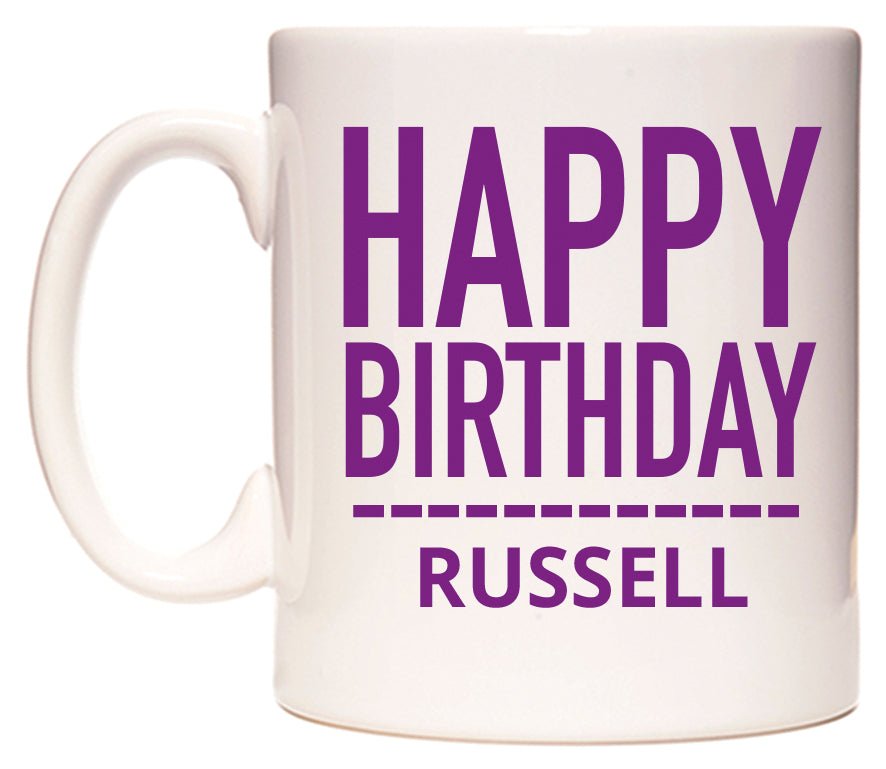 This mug features Happy Birthday Russell (Plain Purple)