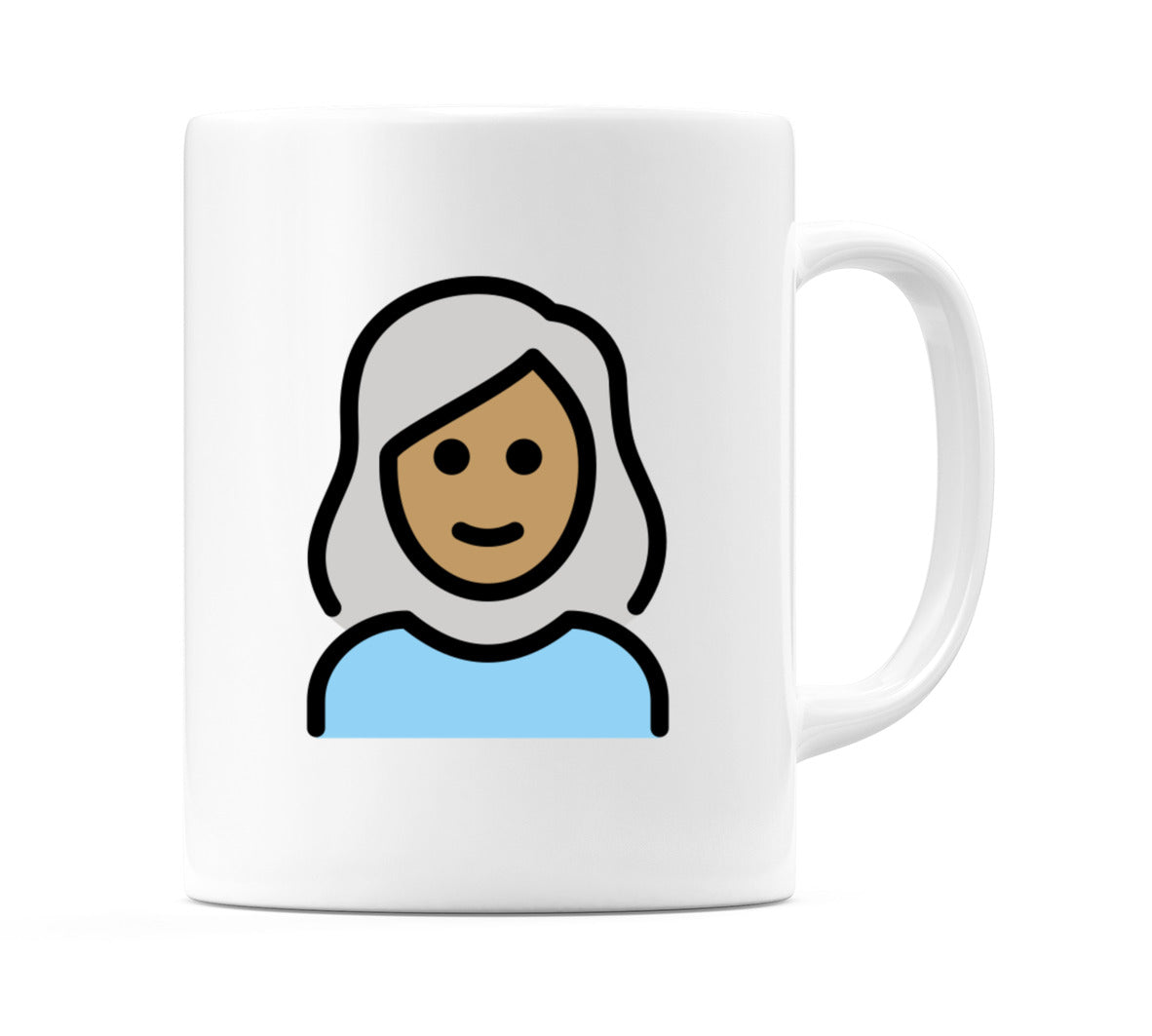 Female: Medium Skin Tone, White Hair Emoji Mug