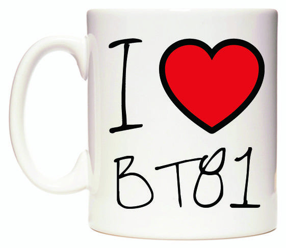 This mug features I Love BT81