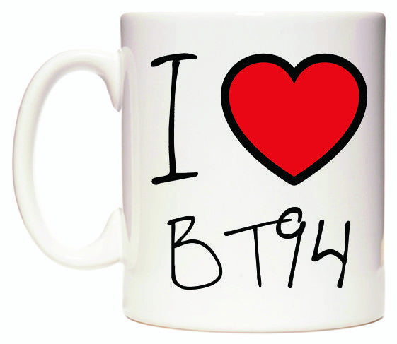 This mug features I Love BT94