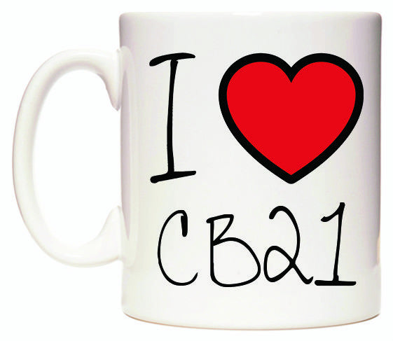 This mug features I Love CB21