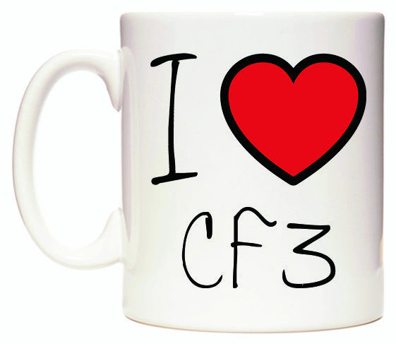 This mug features I Love CF3