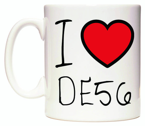 This mug features I Love DE56