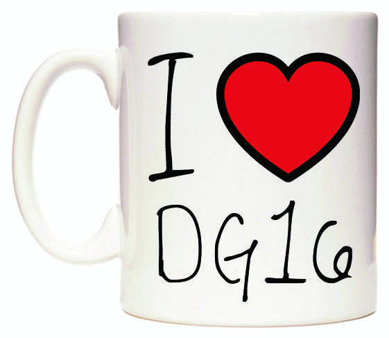 This mug features I Love DG16