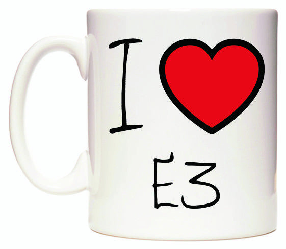 This mug features I Love E3