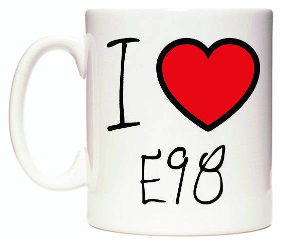 This mug features I Love E98