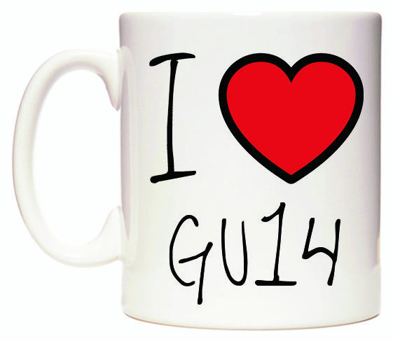 This mug features I Love GU14