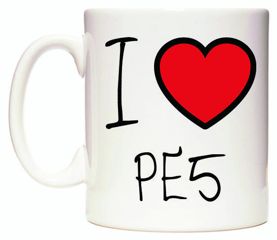 This mug features I Love PE5