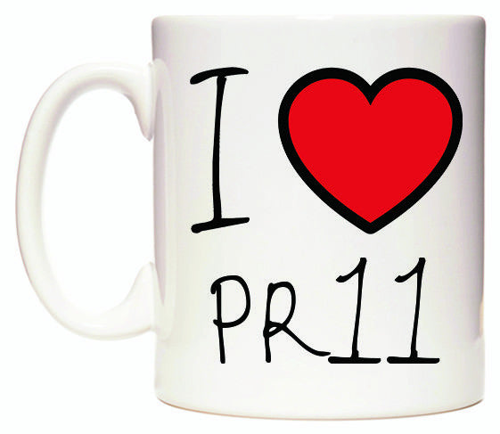 This mug features I Love PR11