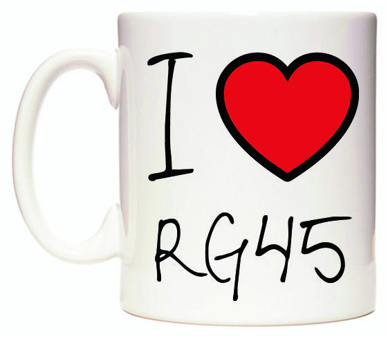 This mug features I Love RG45