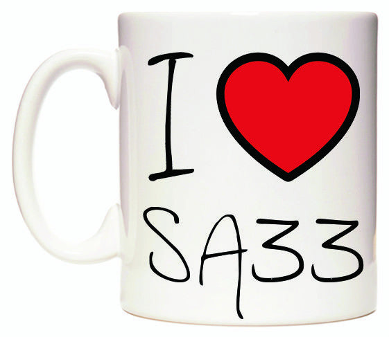 This mug features I Love SA33