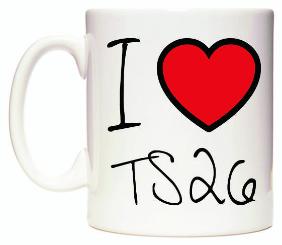 This mug features I Love TS26