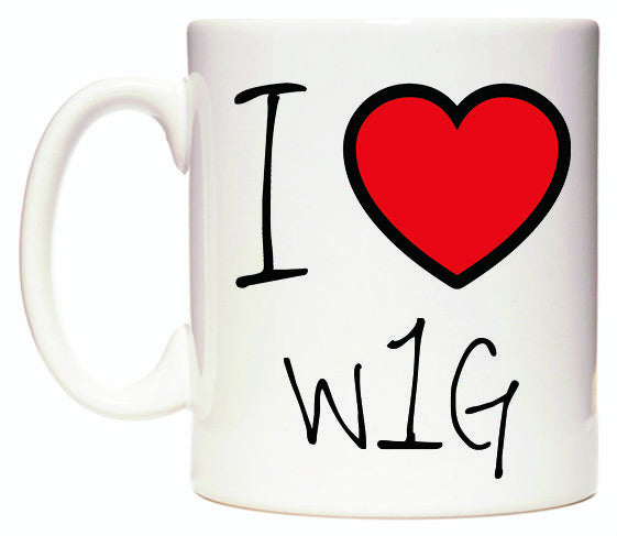 This mug features I Love W1G