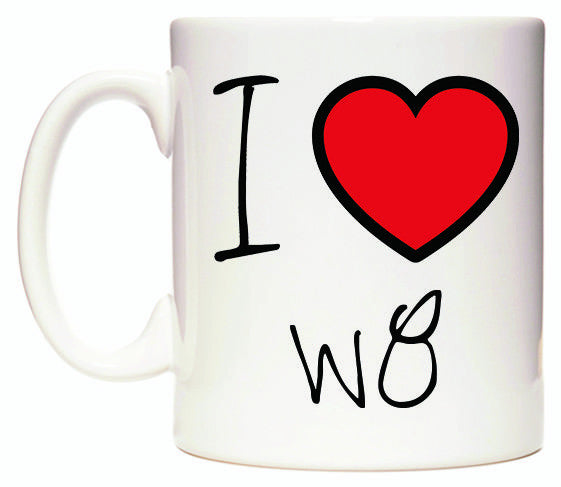 This mug features I Love W8