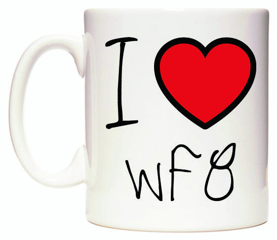 This mug features I Love WF8