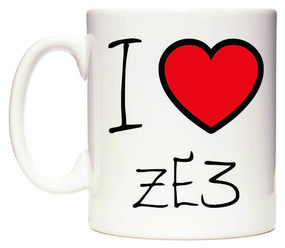 This mug features I Love ZE3
