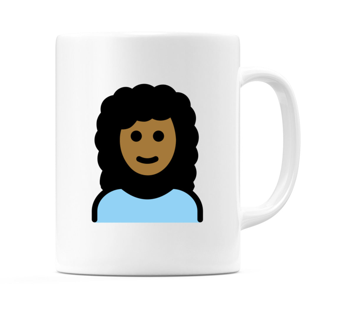 Female: Medium-Dark Skin Tone, Curly Hair Emoji Mug