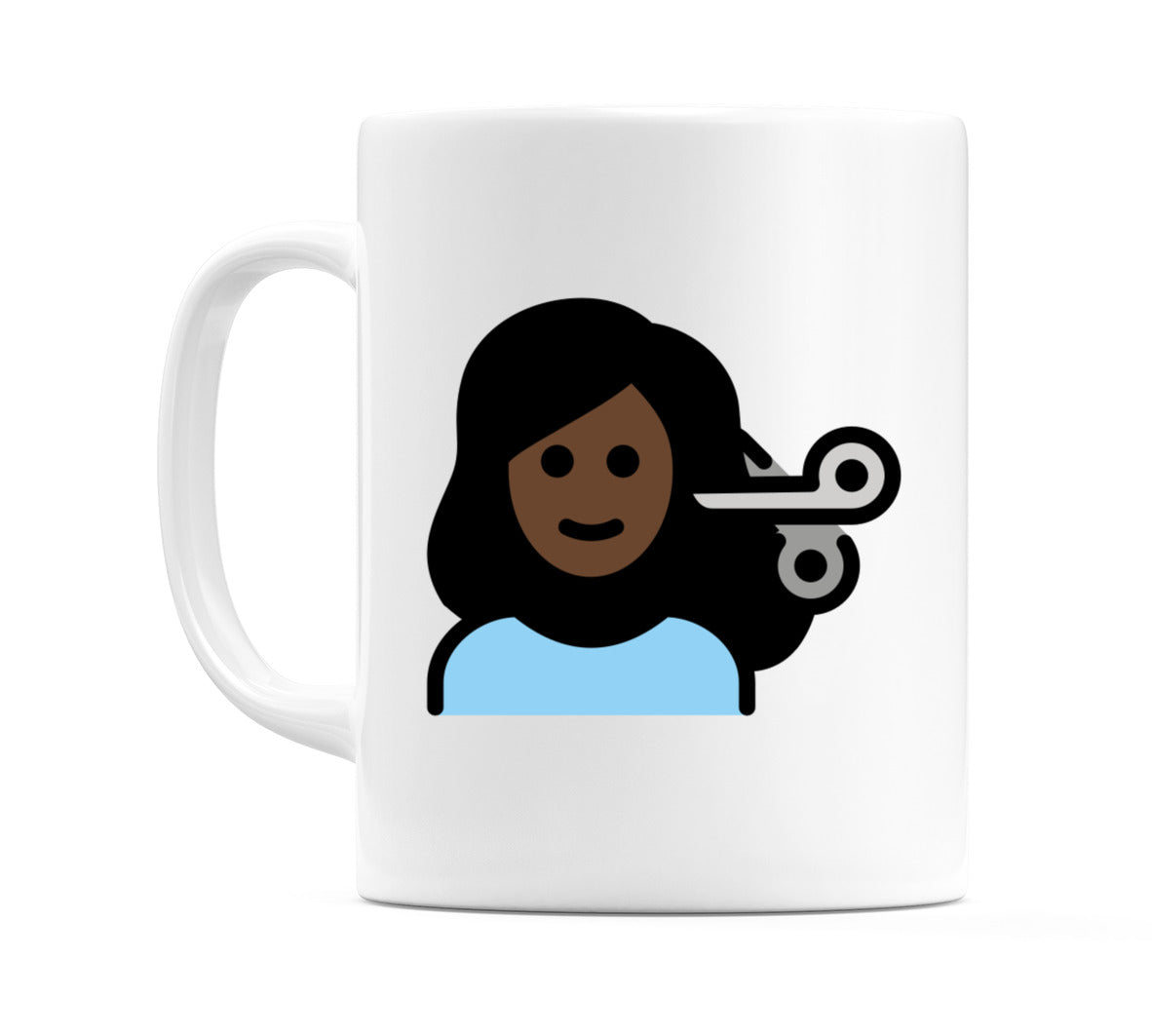Female Getting Haircut: Dark Skin Tone Emoji Mug