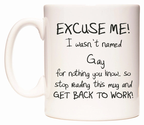 This mug features EXCUSE ME! I wasn't named Gay for nothing you know..